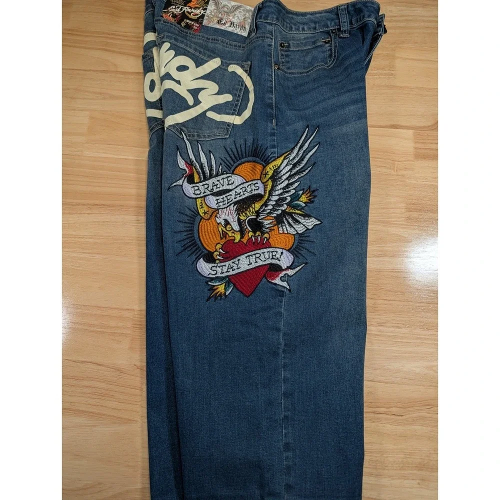 Ed Hardy Mens 32 Wide Leg Embroidered Jeans Medium‎ Vintage Blue NEW